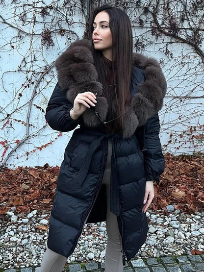 Women's black down coat with fur hood, long winter coat, belt, warm jacket
