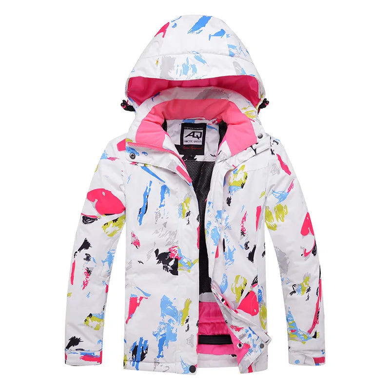 Bunte Outdoor-Jacke mit Kapuze und Muster, wasserabweisend