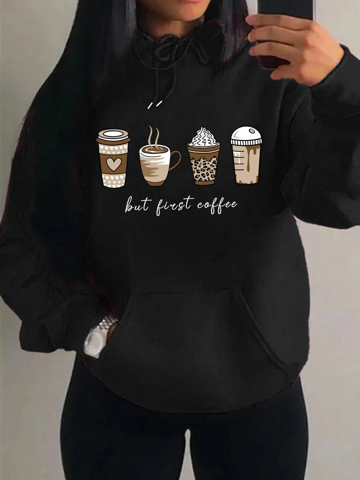 Women's hoodie with coffee cup print, hood, and kangaroo pocket