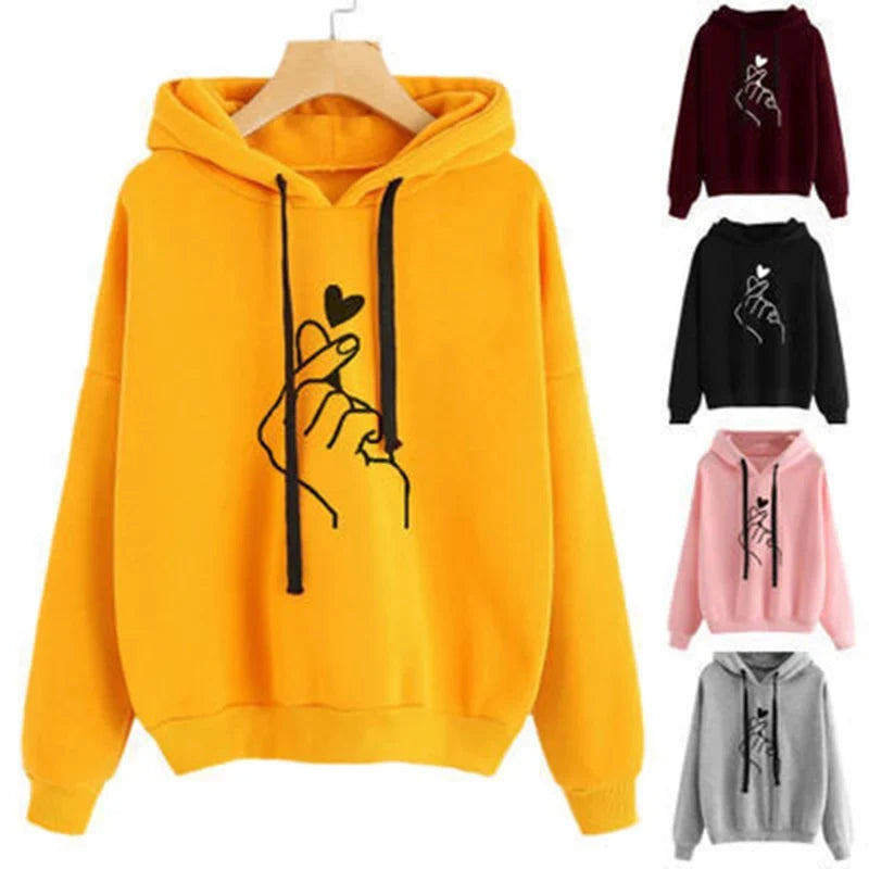 Women's hoodie with hood & drawstring, heart finger print, loose fit