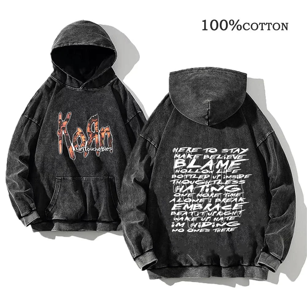Hoodie Schwarz Grau Washed Oversize mit Band-Print Vorn & Hinten