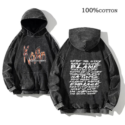 Hoodie Schwarz Grau Washed Oversize mit Band-Print Vorn & Hinten