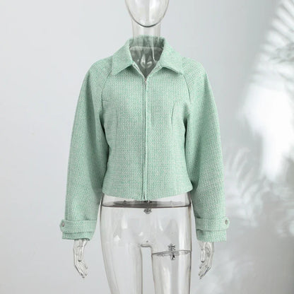Short women's jacket with zipper & collar - mint green