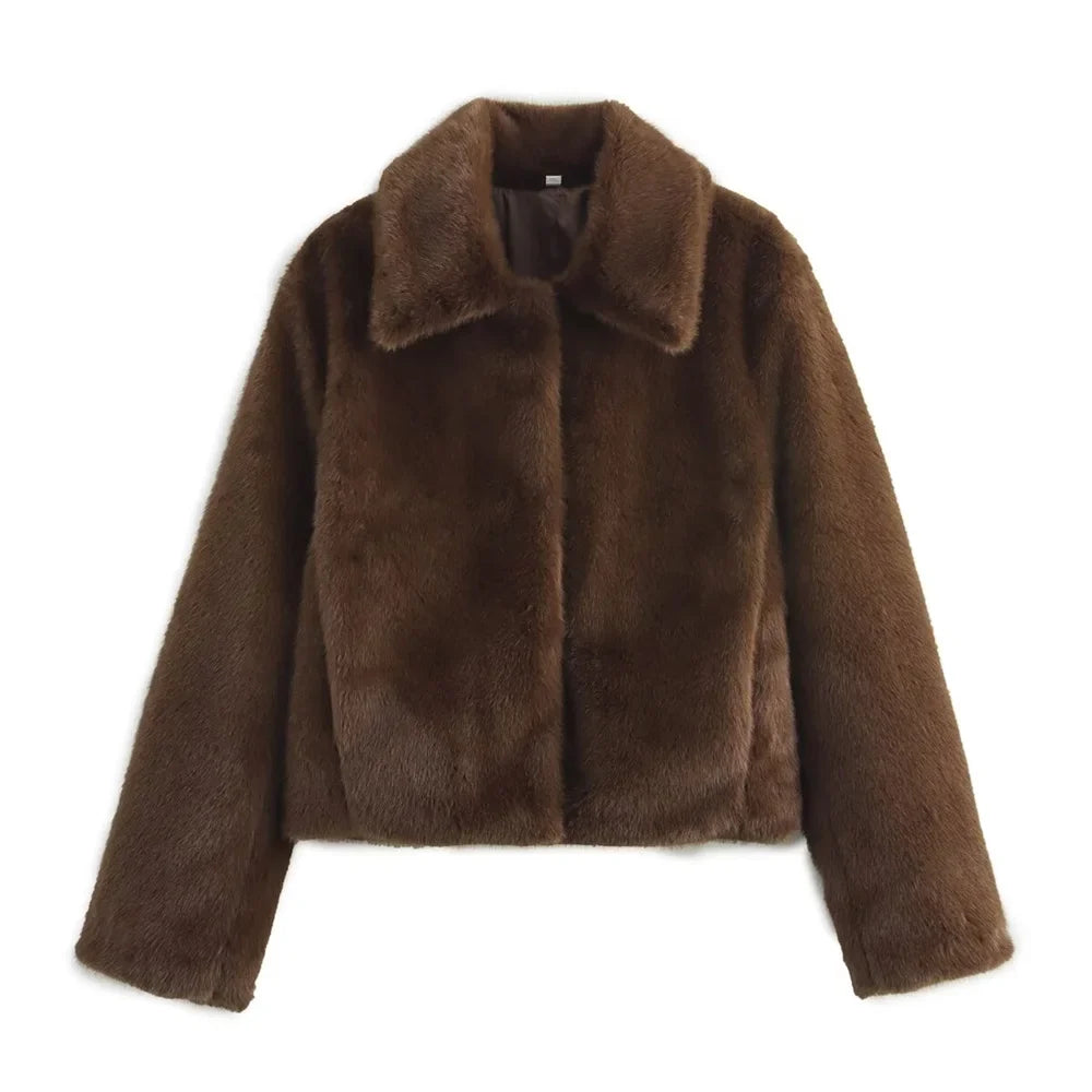 Short women's faux fur jacket with collar, brown faux fur jacket