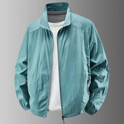 Lightweight men's windbreaker jacket with stand collar and zipper