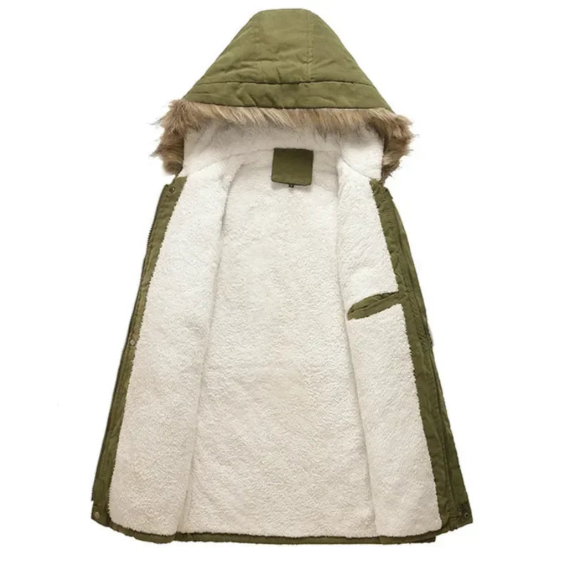Men's winter parka with hood, faux-fur lining & patches, khaki