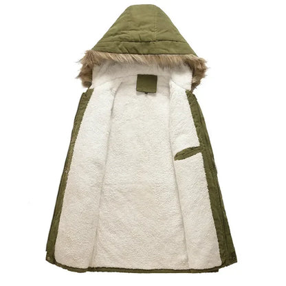 Men's winter parka with hood, faux-fur lining & patches, khaki