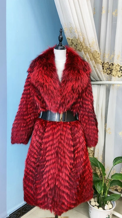 Long women's faux-fur coat with chevron pattern, warm winter coat