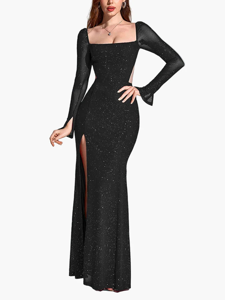 Women's evening dress elegant long sleeve with slit – perfect for festive occasions & gala