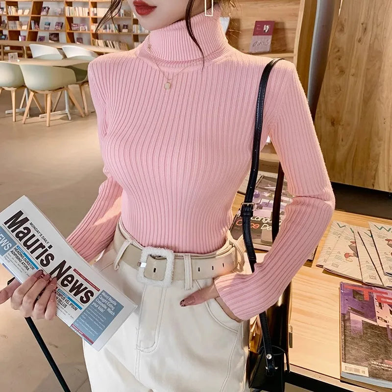 Women's ribbed long-sleeved turtleneck sweater, slim fit