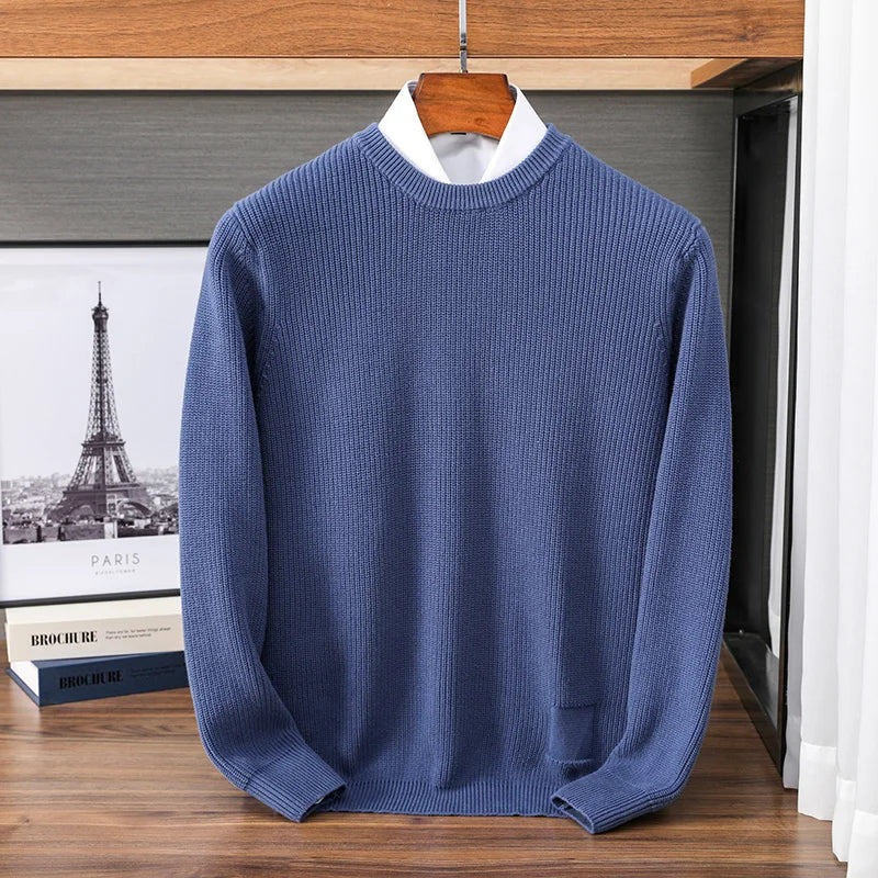 Men's crew-neck knit pullover ribbed solid-color long-sleeve