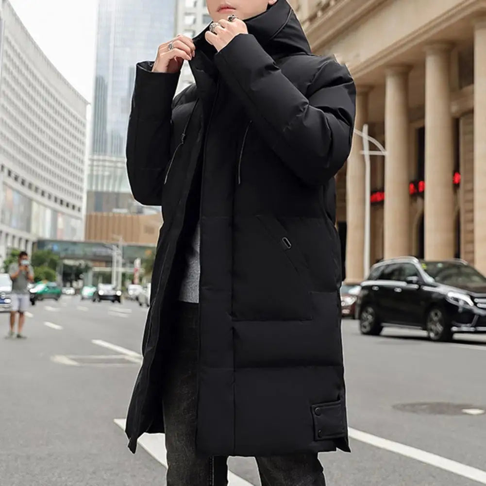 Men's long quilted coat with hood and zipper