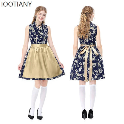 Women's dirndl mini dress with floral pattern, sleeveless blouse, and apron