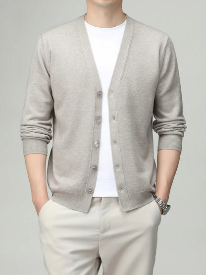 Men's V-neck cardigan with button placket, plain