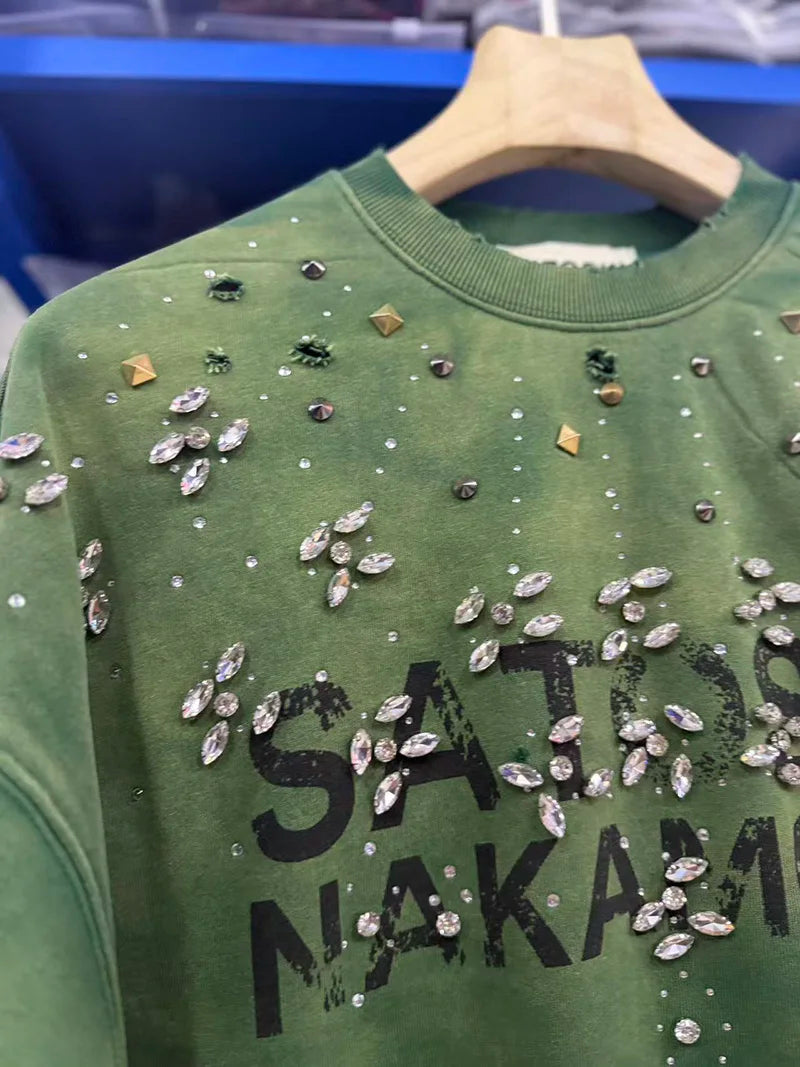Unisex Crew-Neck Ombre Sweatshirt with Rhinestone Details