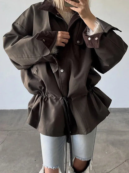 Women's beige oversized-style jacket with drawstring and contrasting collar