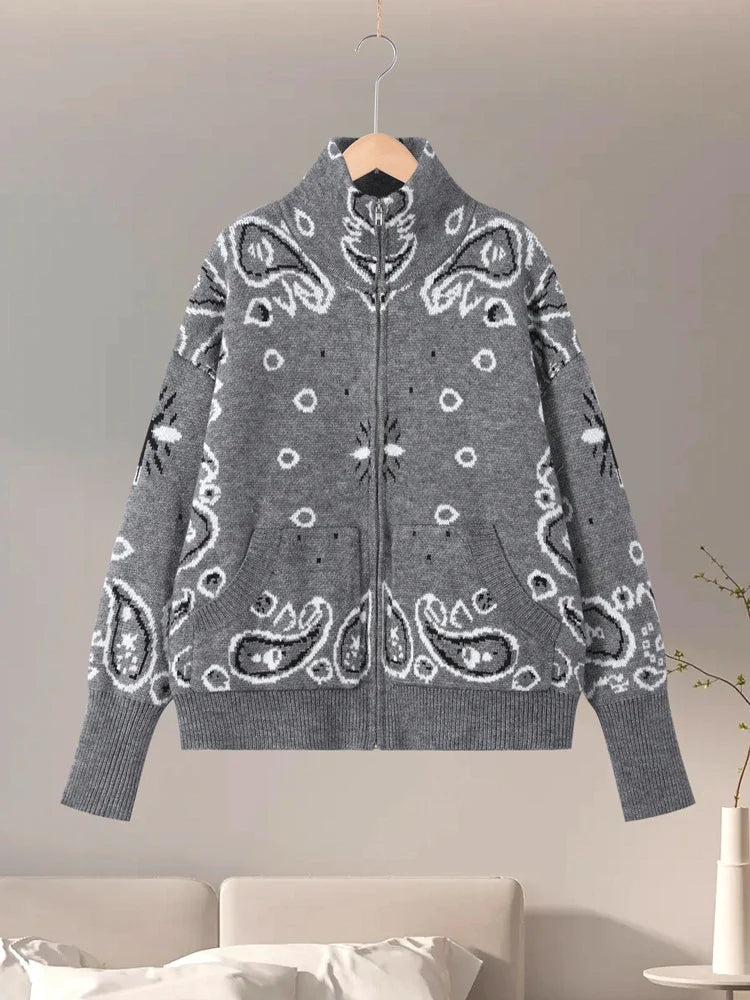 Women's knitted cardigan with a zipper, high collar, and bandana pattern