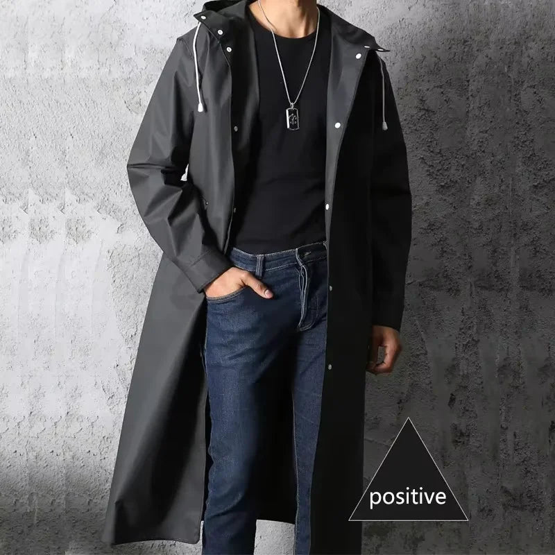 Unisex Regenmantel Lang Schwarz mit Kapuze Druckknöpfen