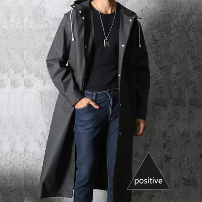 Unisex Regenmantel Lang Schwarz mit Kapuze Druckknöpfen