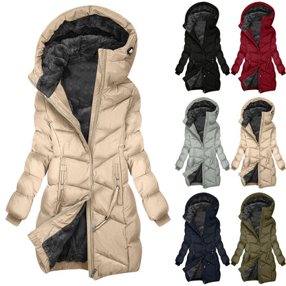 Damen Winter Steppmantel Lang mit Kapuze – Modischer Winddichter Parka für Alltag & Outdoor