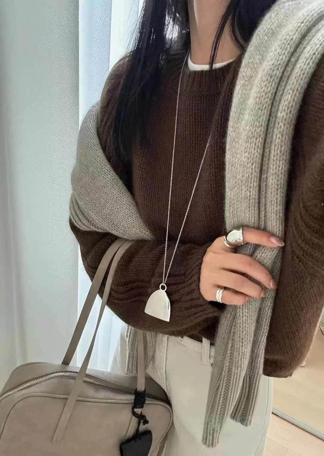 Women's Crew-Neck Knit Sweater with Ribbed Sleeves