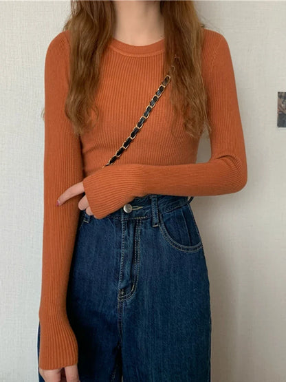 Women's ribbed long-sleeve sweater, crew neck, top