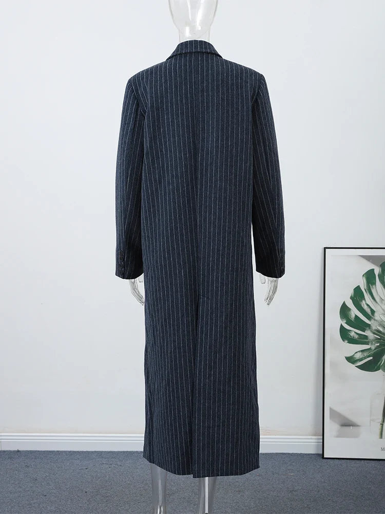 Damen Oversize-Mantel Marineblau Nadelstreifen Lang Zweireihig