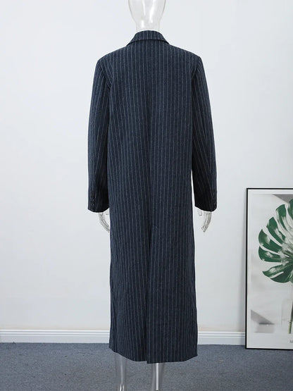Damen Oversize-Mantel Marineblau Nadelstreifen Lang Zweireihig