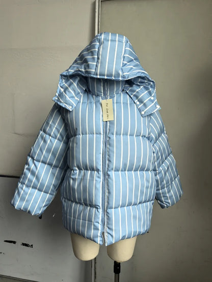 Women's down jacket, winter jacket, puffer jacket with hood, stand-up collar, and adjustable waist