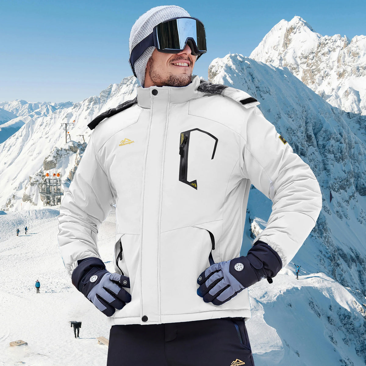 Herren Winterjacke Outdoor Skijacke mit Kapuze und Taschen Orange Grau