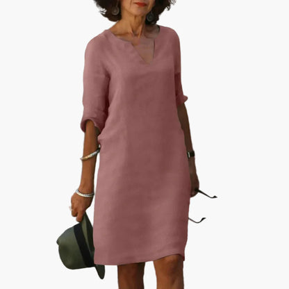 Damen Freizeitkleid mit V-Ausschnitt und 3/4-Ärmeln – Elegantes Alltagskleid für Büro und Freizeit