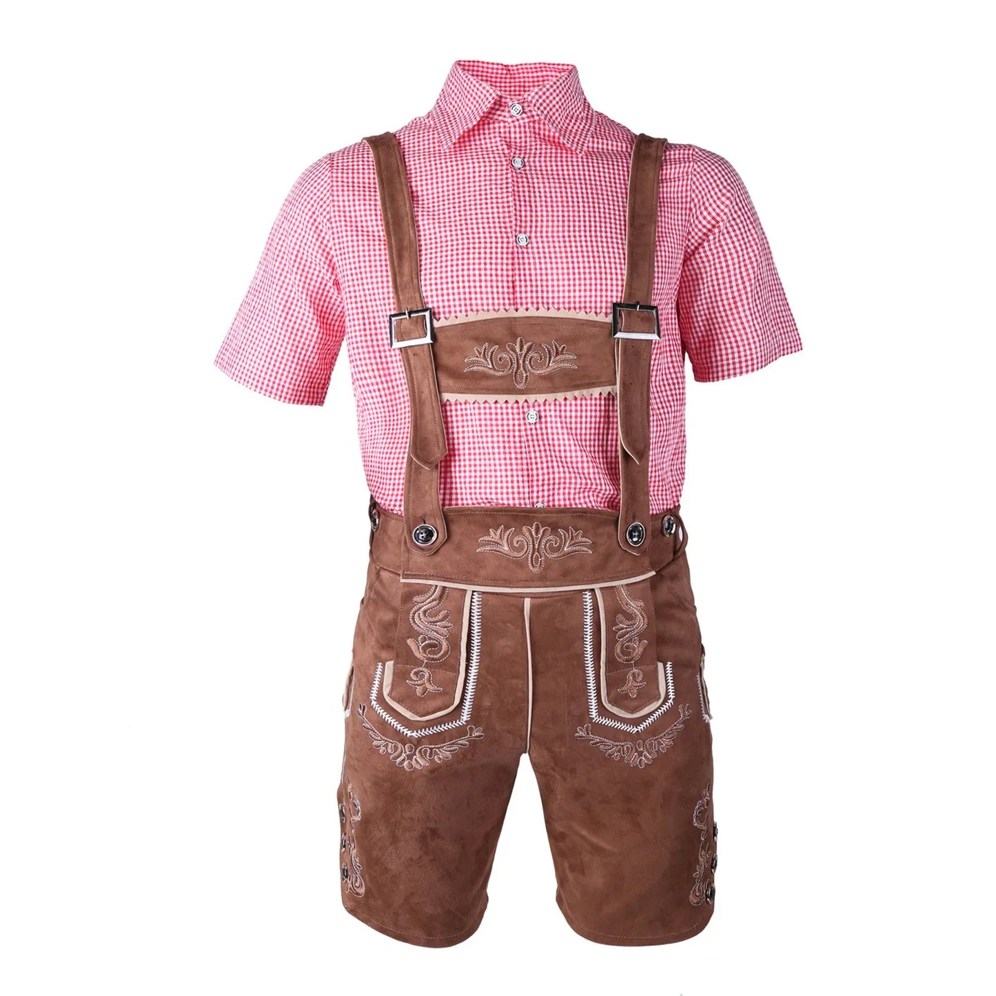 Men’s traditional outfit: lederhosen, shirt, hat, quilted details, various colors