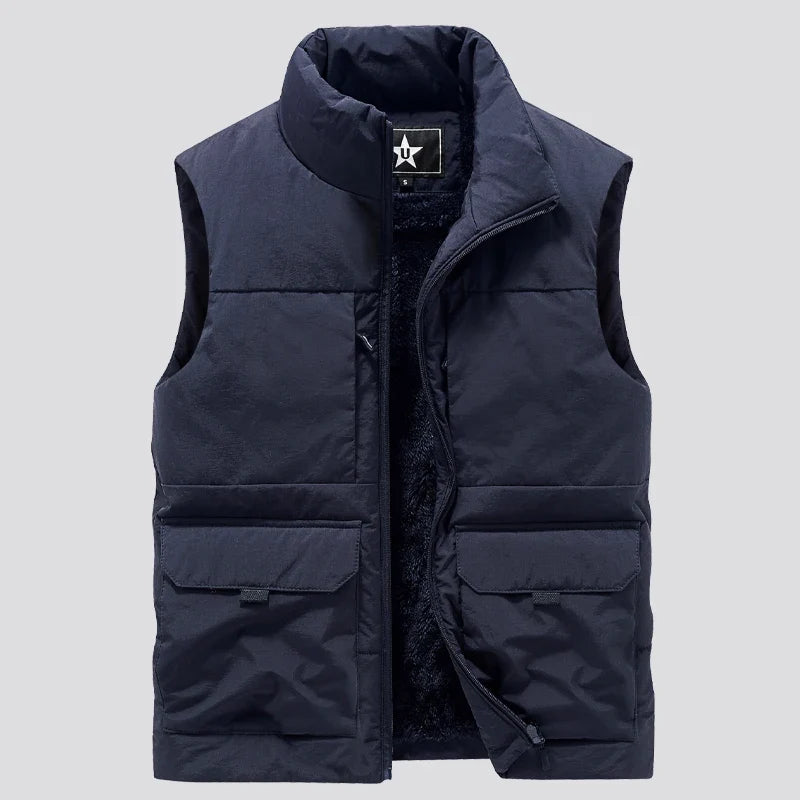 Men's quilted vest with lining, stand-up collar, and pockets