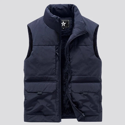 Men's quilted vest with lining, stand-up collar, and pockets