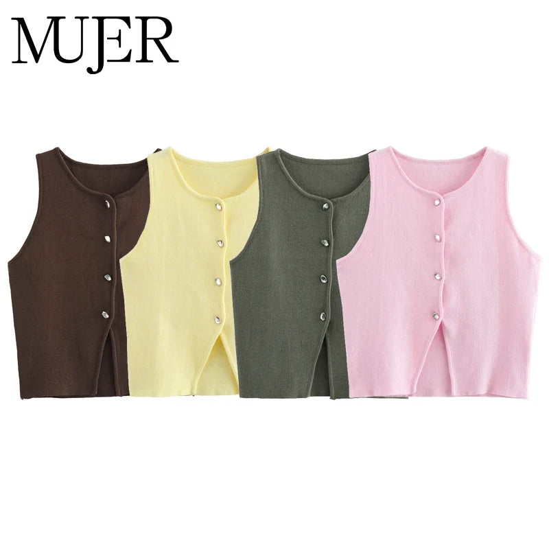 Damen Ärmelloses Stricktop mit Rundhals und Knopfleiste Kurz geschnitten