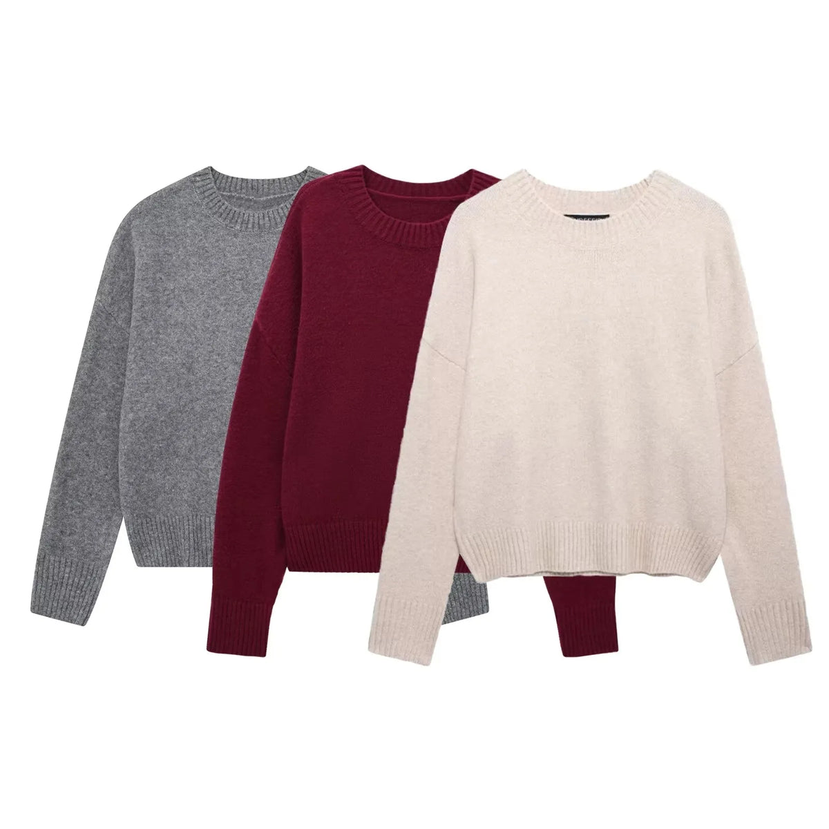 Women's Crew Neck Long-Sleeve Knit Sweater Ribbed Cuffs