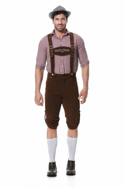Herren Lederhose Trachtenkostüm kariertes Hemd Tracht Oktoberfest Braun Schwarz