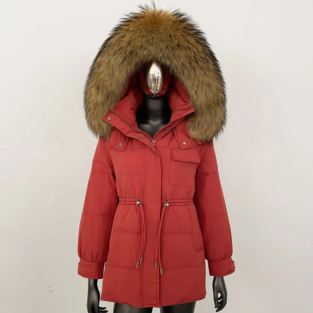 Women's winter parka jacket with fur hood and drawstring waist