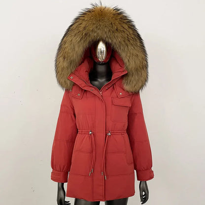 Women's winter parka jacket with fur hood and drawstring waist