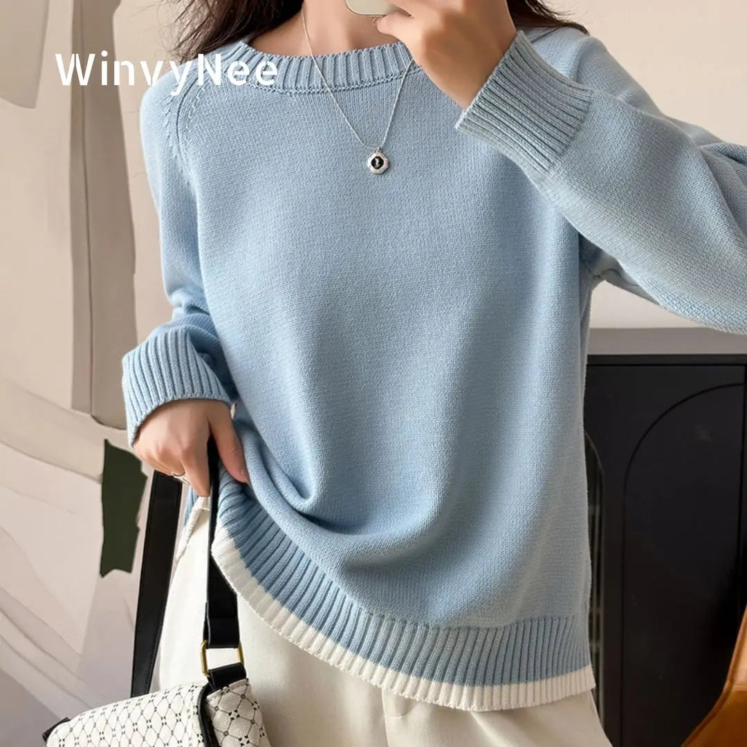 Women's crew-neck long-sleeve knit sweater with ribbed cuffs, light blue