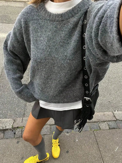Women's chunky-knit sweater, dark gray, oversized, crew neck