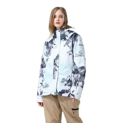 Women's winter ski jacket with hood, colorful pattern, outdoor