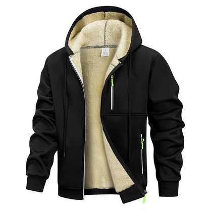 Lined men's hoodie, winter jacket with zip closure, hooded jacket, black