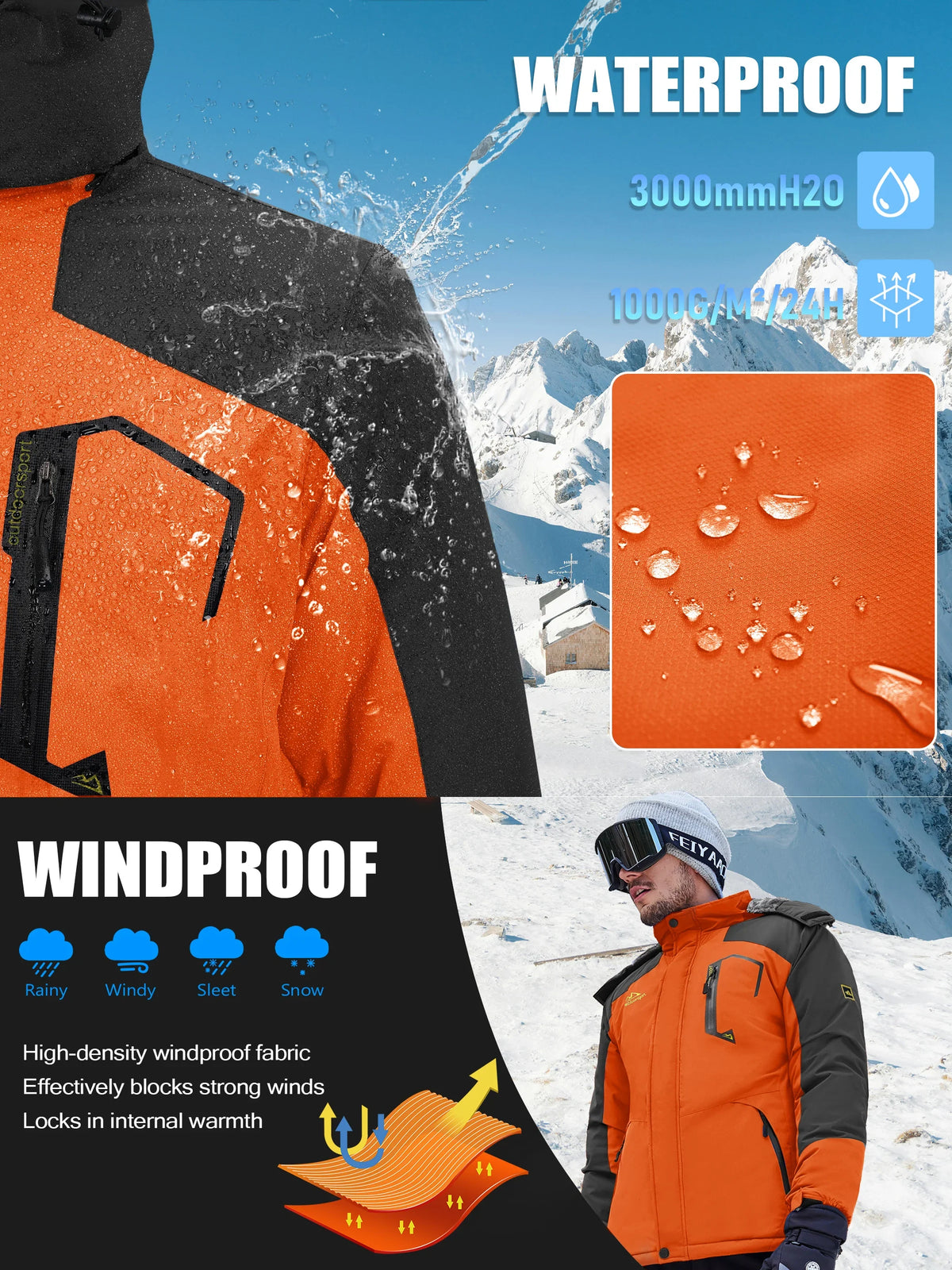 Herren Winterjacke Outdoor Skijacke mit Kapuze und Taschen Orange Grau