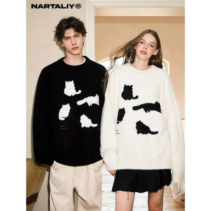 Unisex Pullover mit Katzenmotiv, Rundhals, oversized