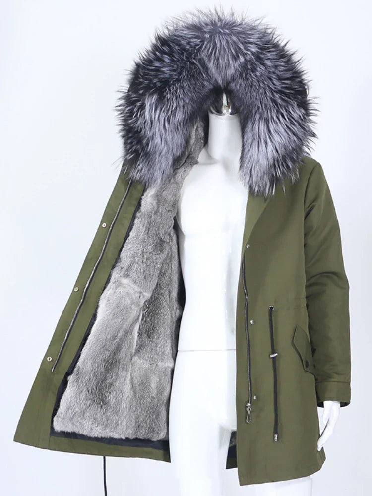 Women's winter parka with hood and fur trim, warm jacket, unisex