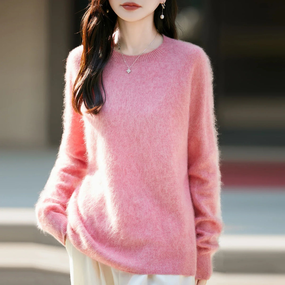 Women's soft fine-knit crew-neck long-sleeve sweater
