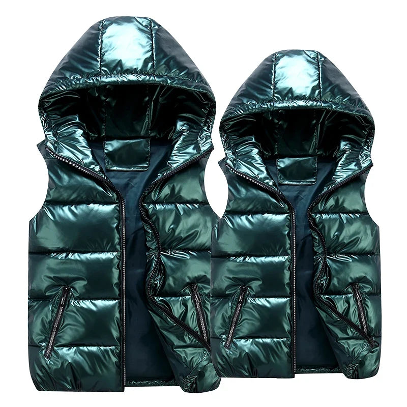 Unisex shiny hooded quilted vest, sleeveless puffer vest with zipper