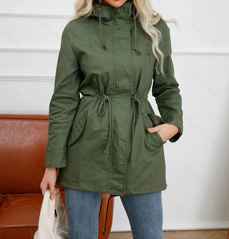 Women's jacket with hood and drawstring, khaki