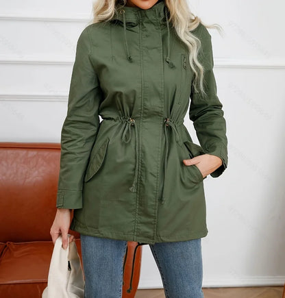 Women's jacket with hood and drawstring, khaki